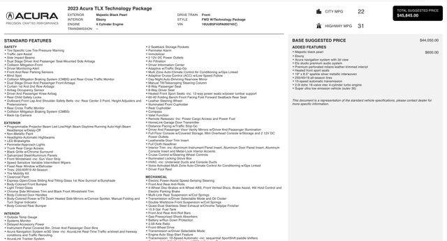 used 2023 Acura TLX car, priced at $29,045