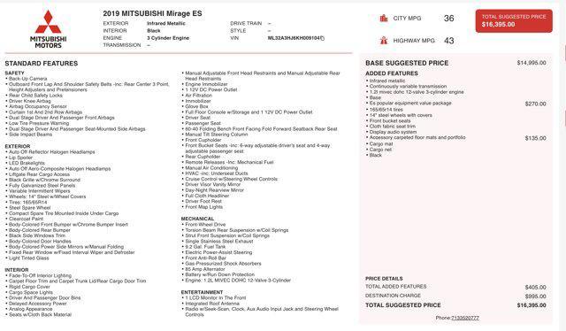 used 2019 Mitsubishi Mirage car, priced at $9,100