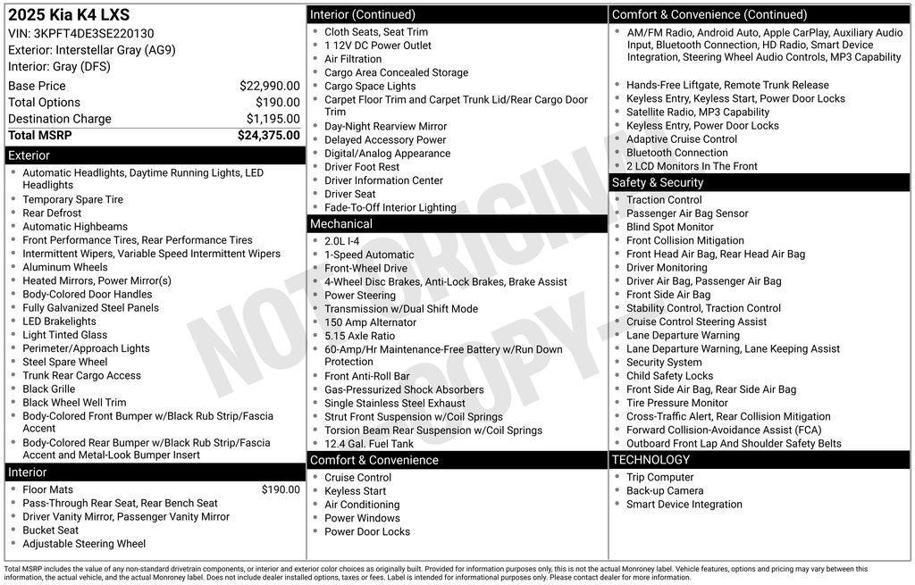 new 2025 Kia K4 car, priced at $23,575