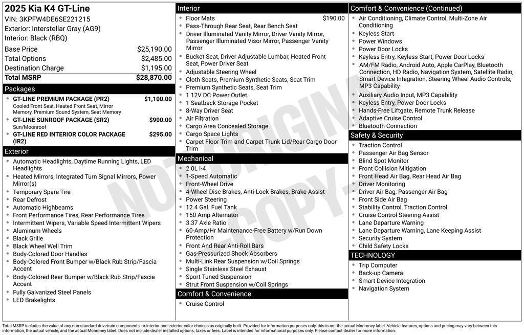 new 2025 Kia K4 car, priced at $27,770