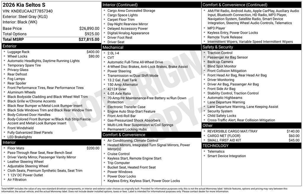 new 2026 Kia Seltos car, priced at $27,967