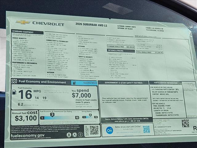 new 2026 Chevrolet Suburban car, priced at $72,580