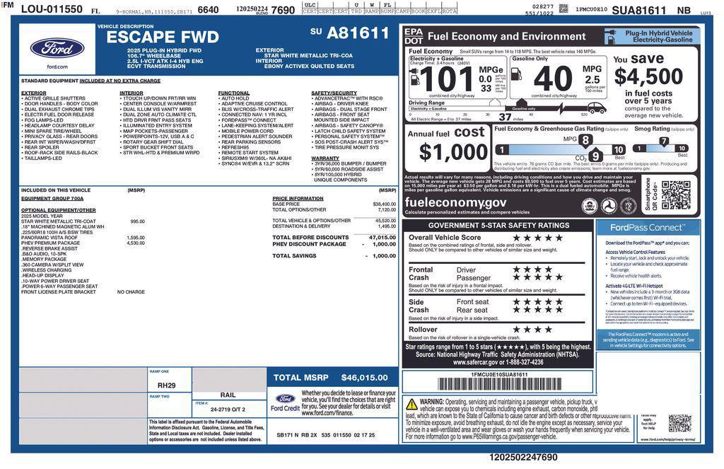 new 2025 Ford Escape PHEV car, priced at $37,056