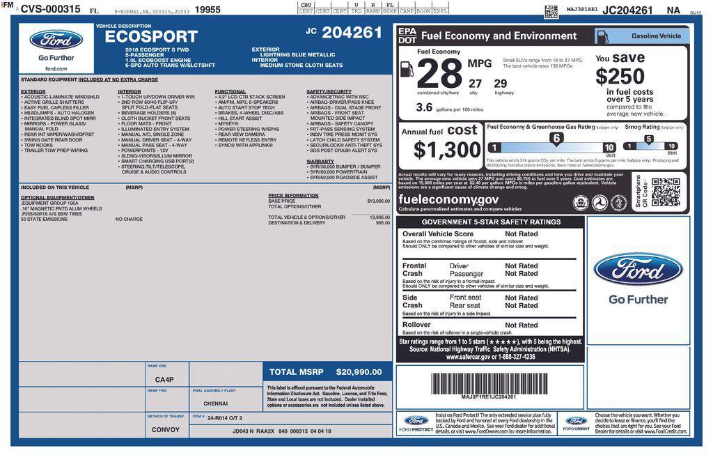 used 2018 Ford EcoSport car, priced at $10,500