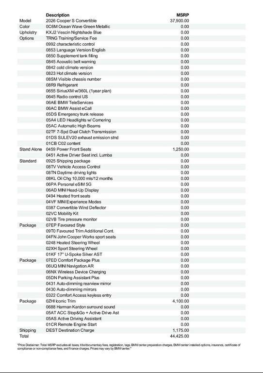 new 2026 MINI Convertible car, priced at $44,425