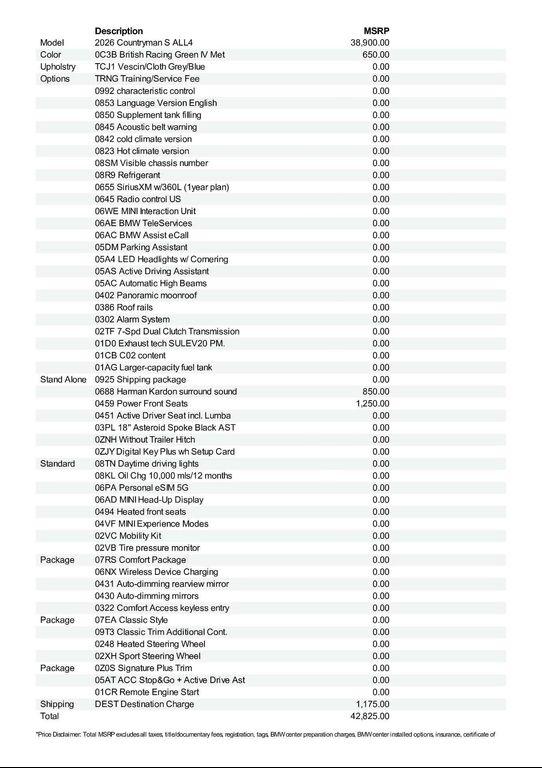 new 2026 MINI Countryman car, priced at $42,825