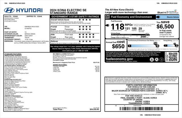 used 2024 Hyundai Kona EV car, priced at $24,197