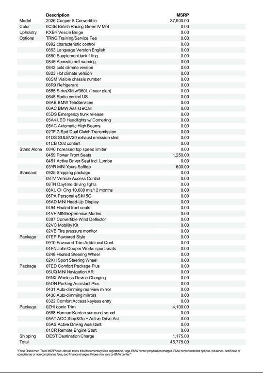 new 2026 MINI Convertible car, priced at $45,775