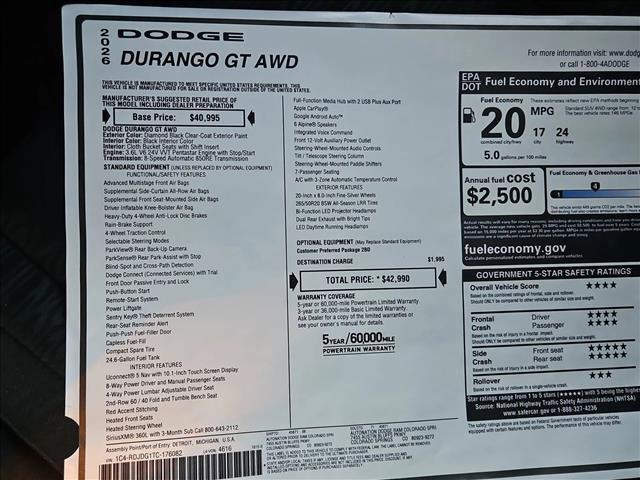 new 2026 Dodge Durango car, priced at $38,999