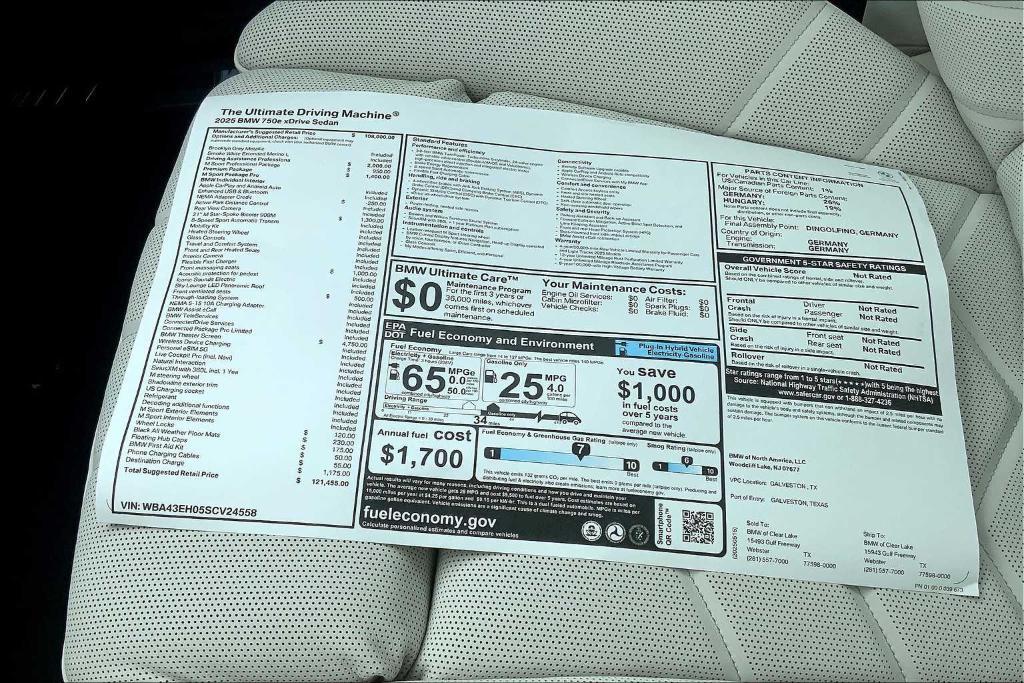 new 2025 BMW 750e car, priced at $121,455