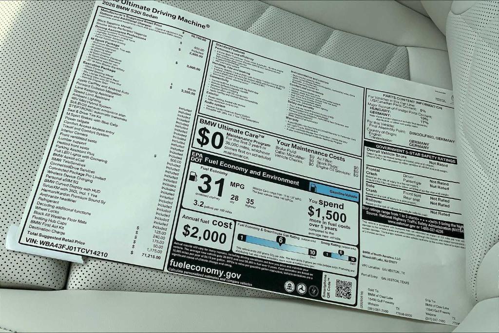 new 2026 BMW 530 car, priced at $71,215