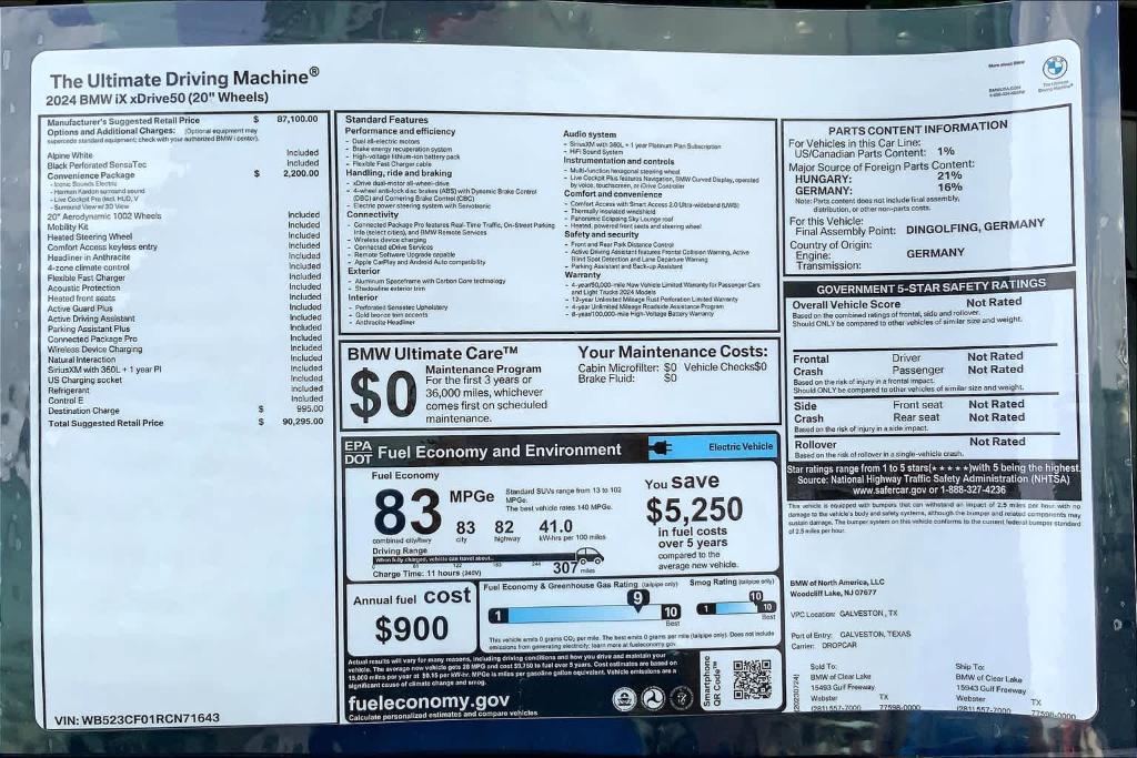 new 2024 BMW iX car, priced at $88,095