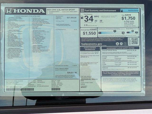 new 2025 Honda Civic car, priced at $29,055
