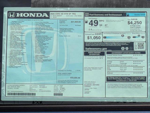new 2025 Honda Civic Hybrid car, priced at $33,555