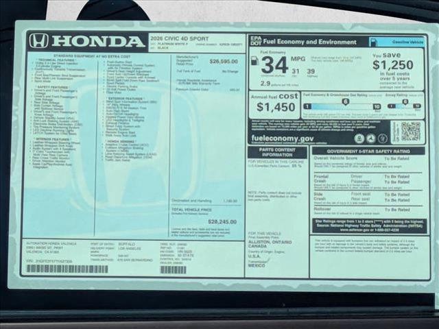 new 2026 Honda Civic car, priced at $28,744