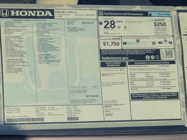 new 2026 Honda HR-V car, priced at $28,094