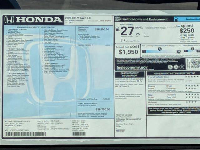 new 2025 Honda HR-V car, priced at $28,750