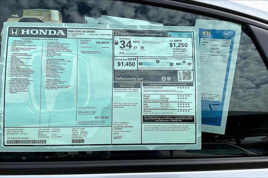 new 2026 Honda Civic car, priced at $27,665