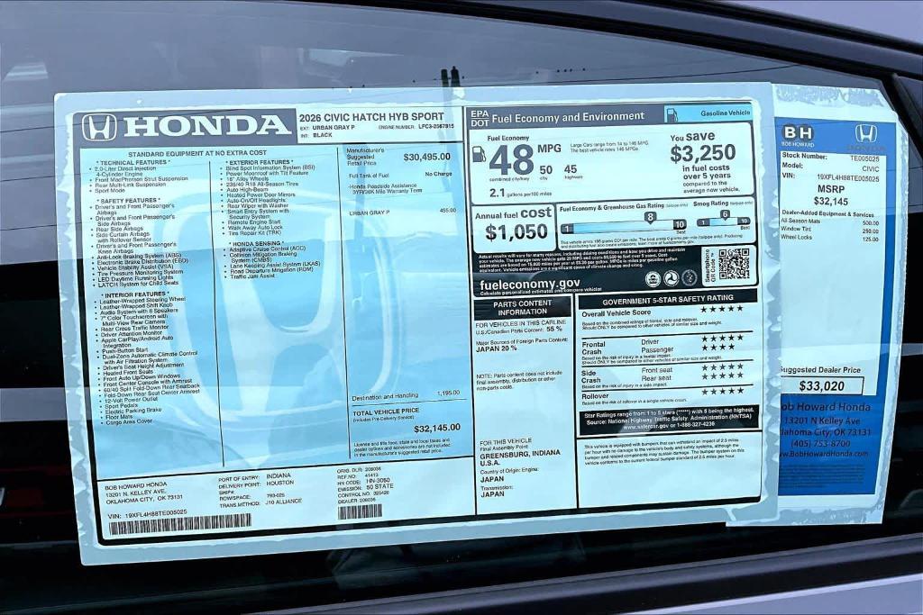 new 2026 Honda Civic Hybrid car, priced at $33,020