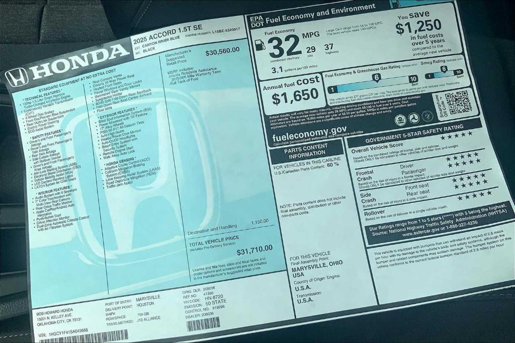 new 2025 Honda Accord car, priced at $31,085