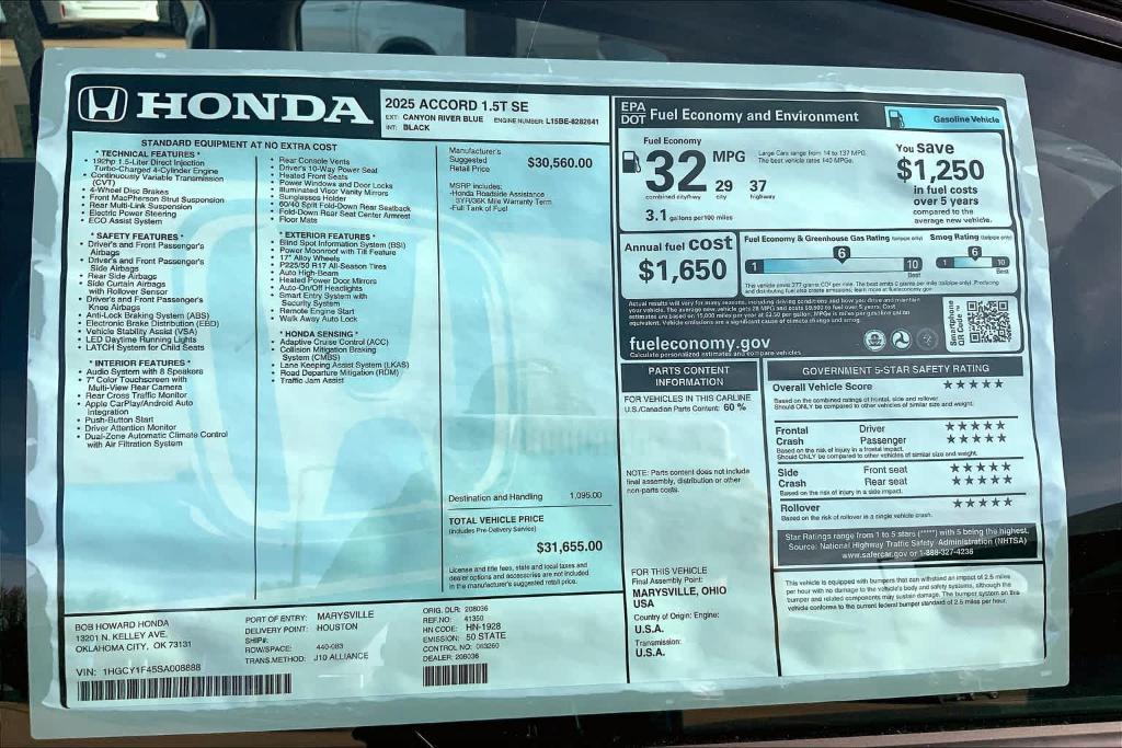 new 2025 Honda Accord car, priced at $31,030