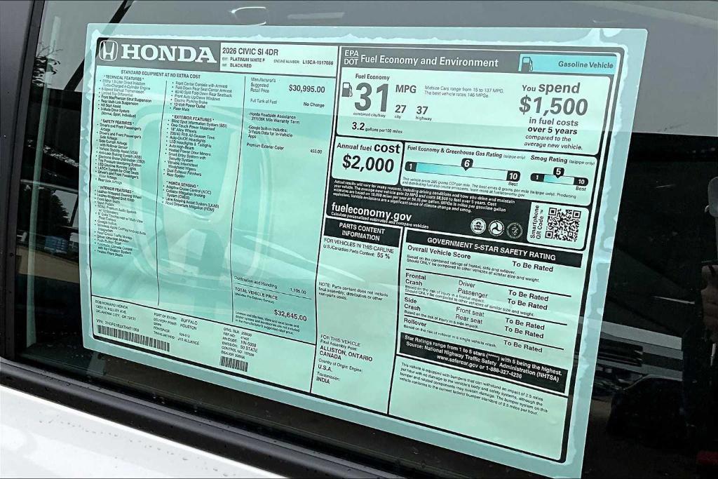 new 2026 Honda Civic Si car, priced at $33,520