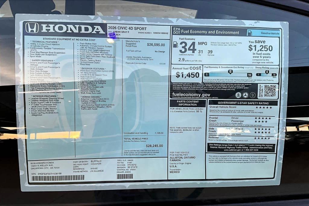 new 2026 Honda Civic car, priced at $28,120