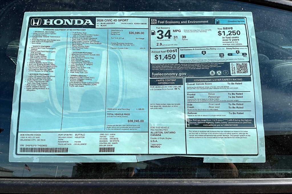 new 2026 Honda Civic car, priced at $27,665