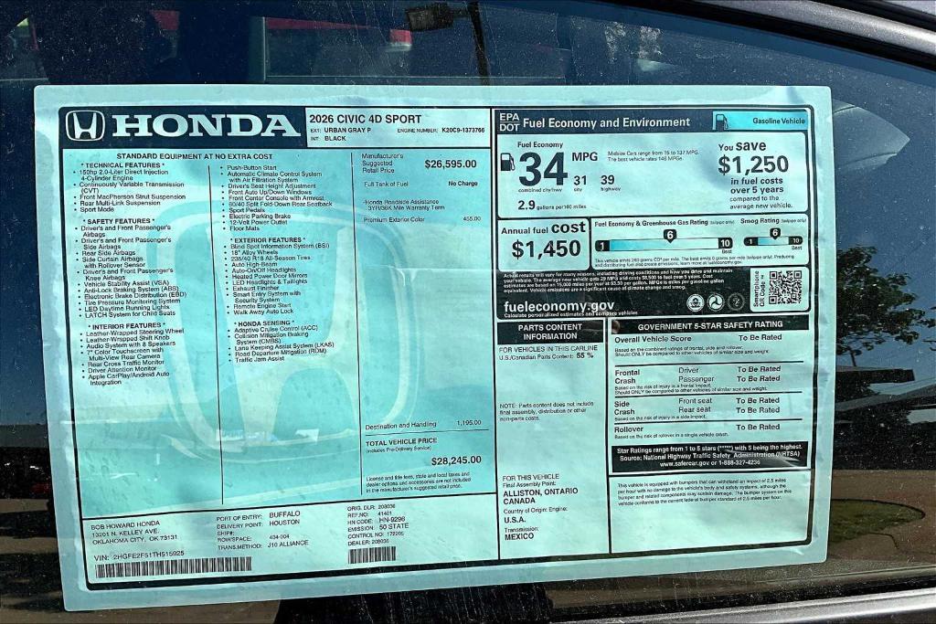 new 2026 Honda Civic car, priced at $27,915