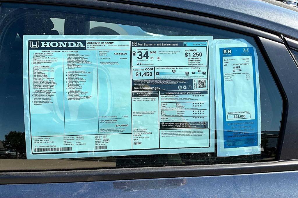 new 2026 Honda Civic car, priced at $27,665
