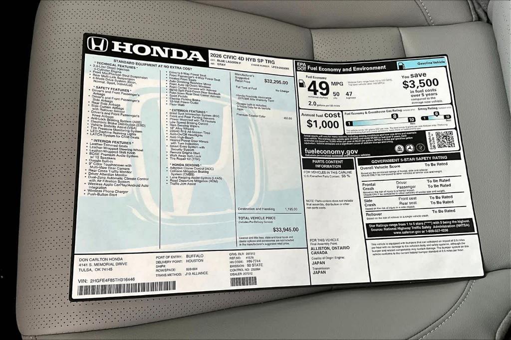 new 2026 Honda Civic Hybrid car, priced at $34,820