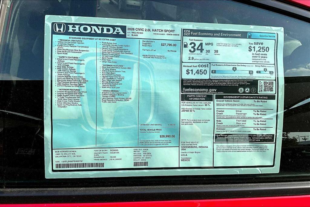 new 2026 Honda Civic car, priced at $28,865