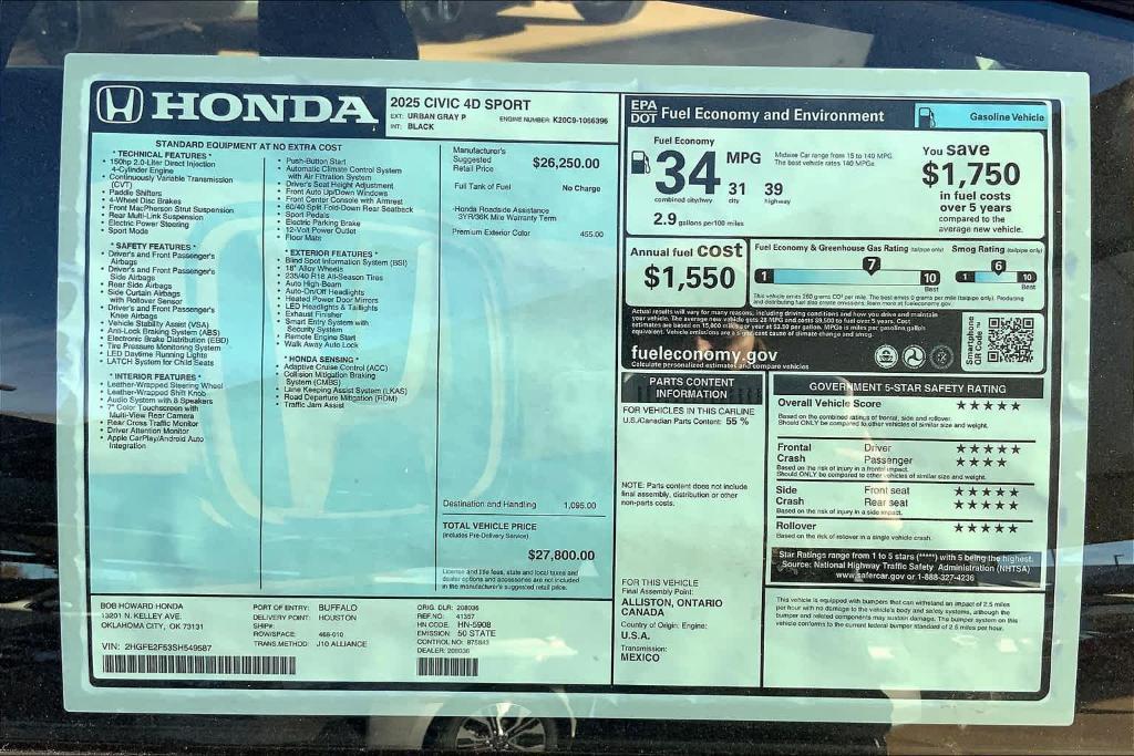 new 2025 Honda Civic car, priced at $27,675