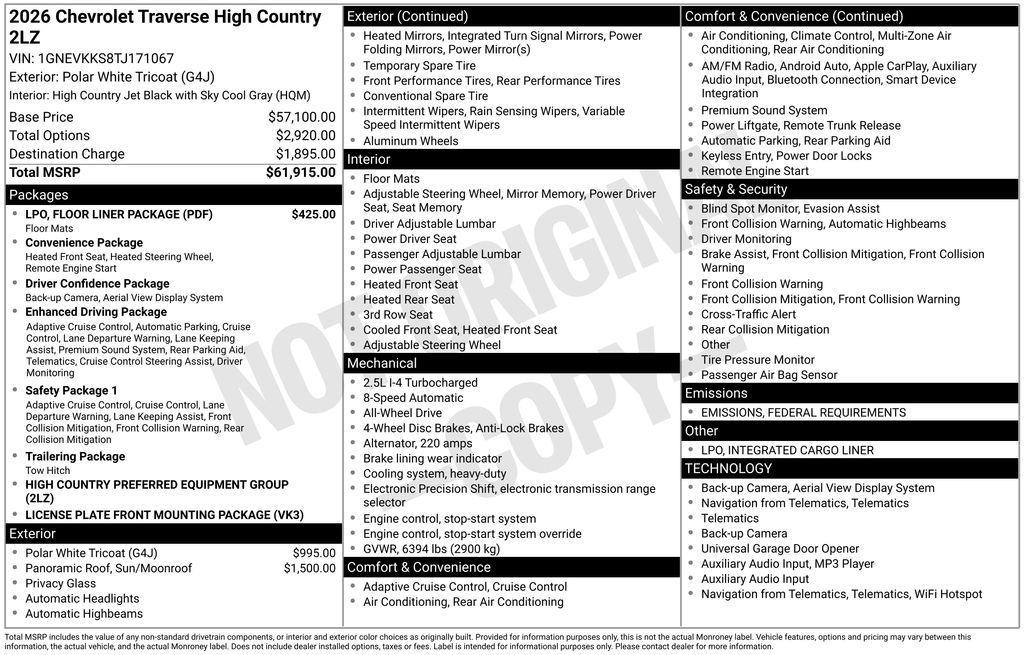 new 2026 Chevrolet Traverse car, priced at $59,284