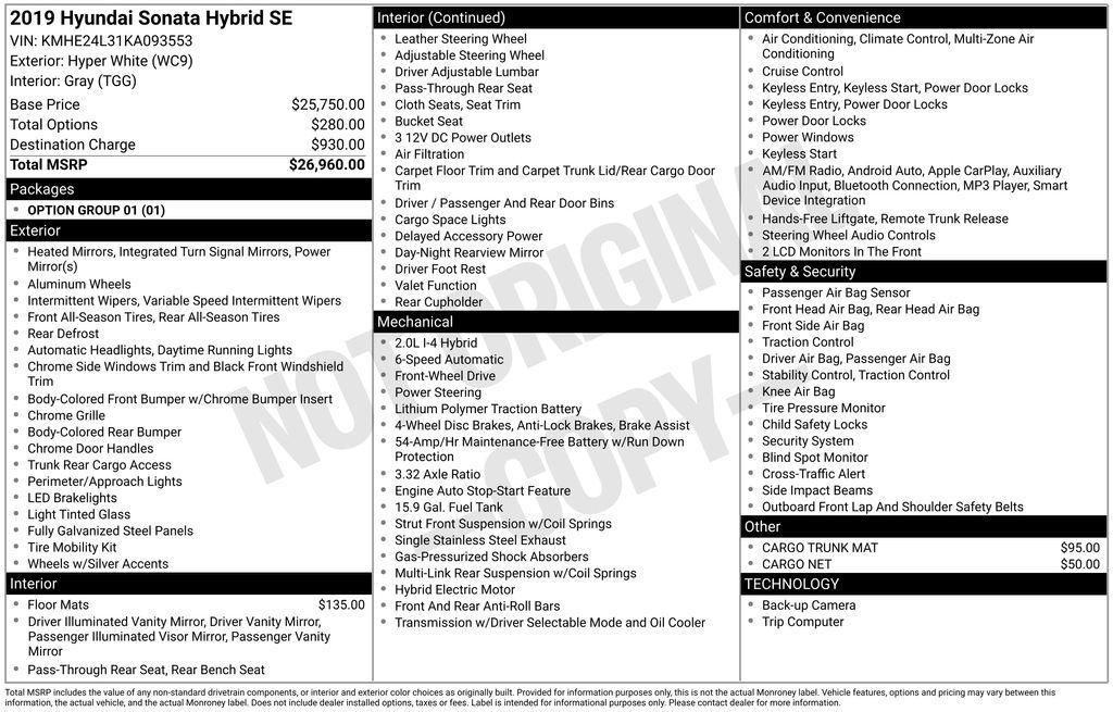 used 2019 Hyundai Sonata Hybrid car, priced at $14,500