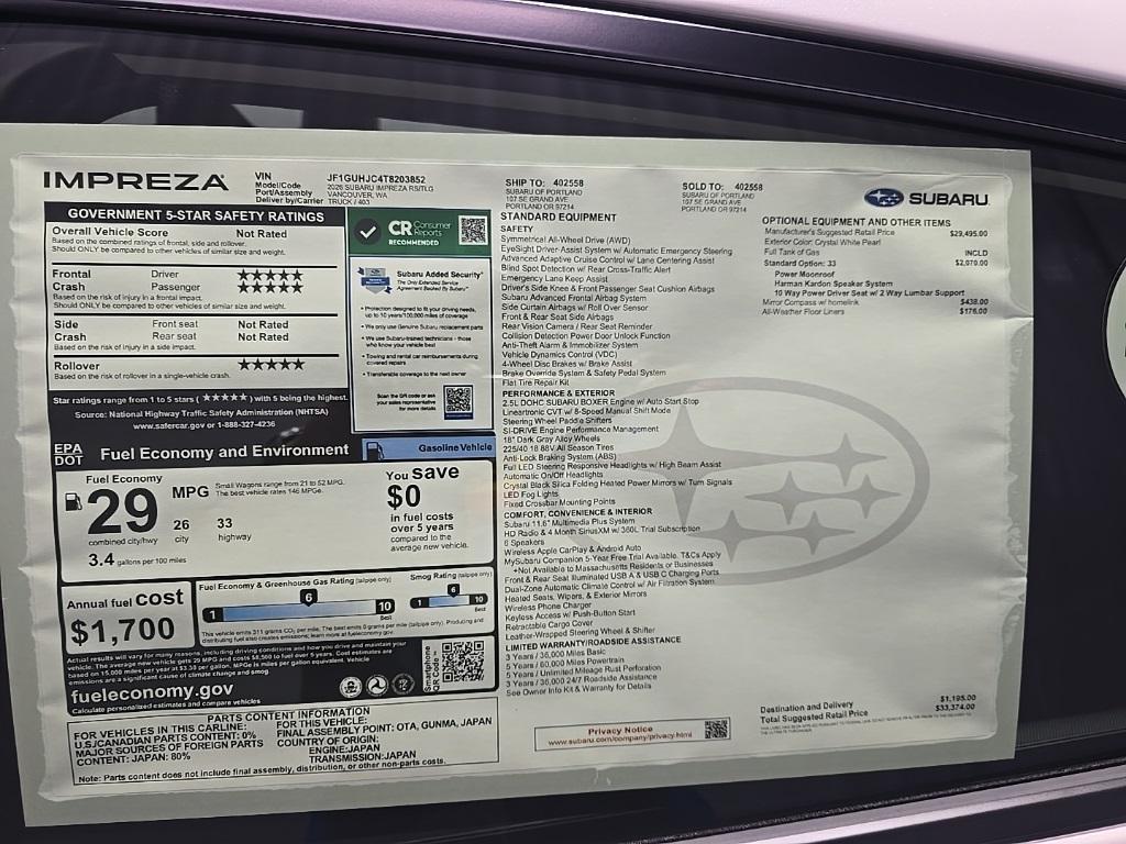 new 2026 Subaru Impreza car, priced at $33,374