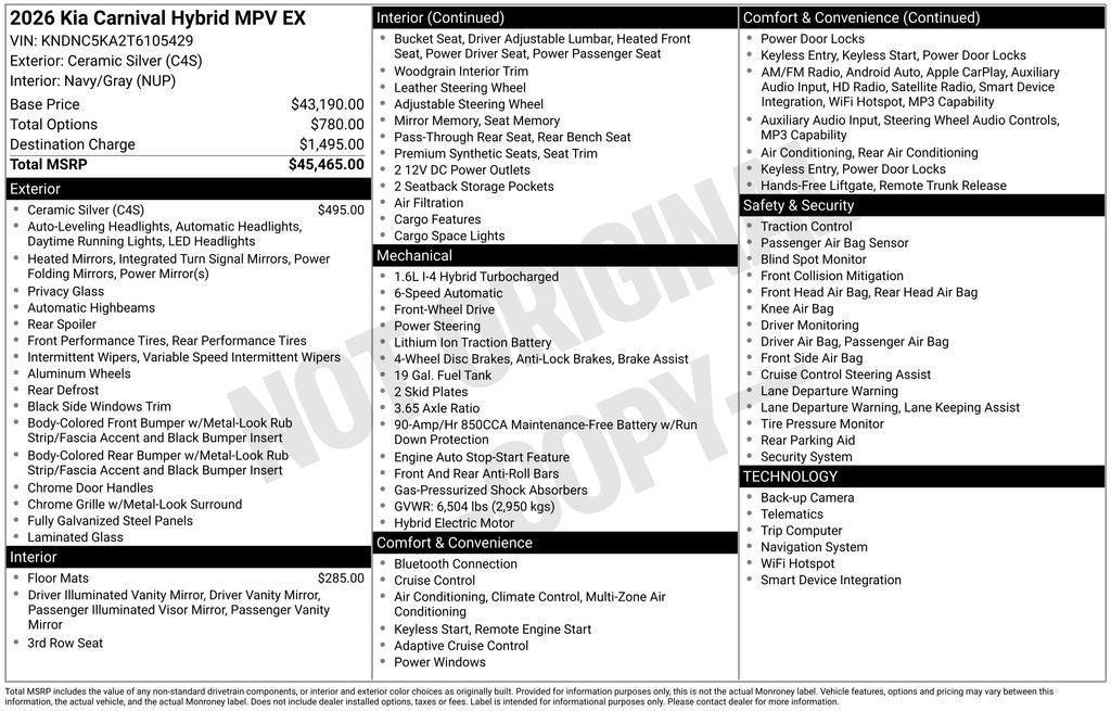 new 2026 Kia Carnival Hybrid car, priced at $42,881
