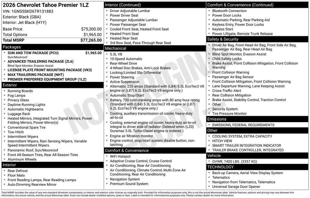 new 2026 Chevrolet Tahoe car, priced at $79,860