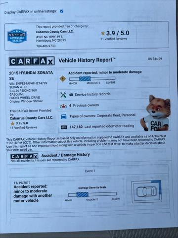 used 2015 Hyundai Sonata car, priced at $6,999