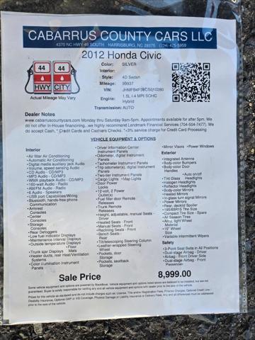 used 2012 Honda Civic Hybrid car, priced at $8,999