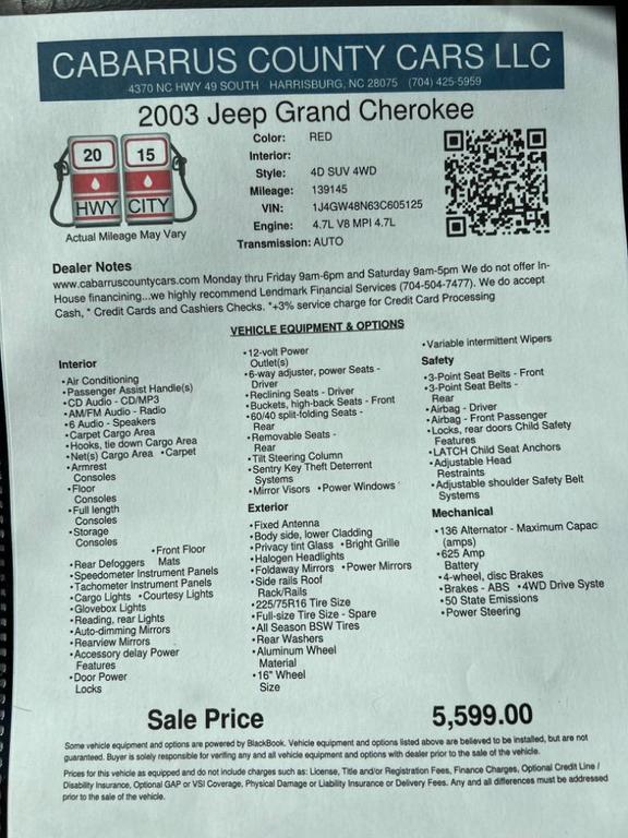 used 2003 Jeep Grand Cherokee car, priced at $5,599
