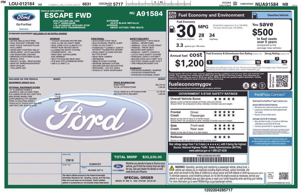 used 2022 Ford Escape car, priced at $20,843