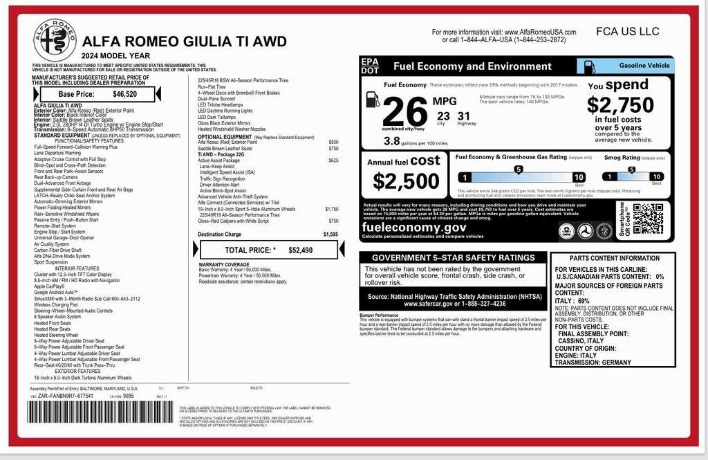 used 2024 Alfa Romeo Giulia car, priced at $41,900
