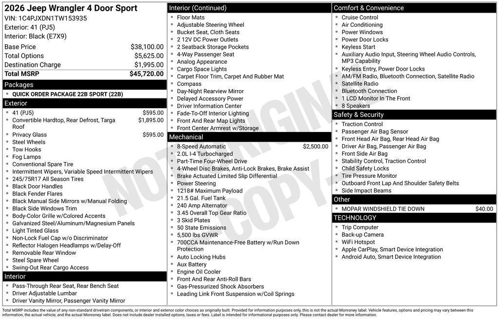new 2026 Jeep Wrangler car, priced at $40,906