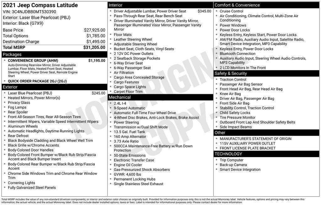 used 2021 Jeep Compass car, priced at $17,250
