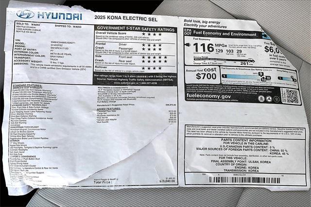 new 2025 Hyundai Kona EV car, priced at $31,540