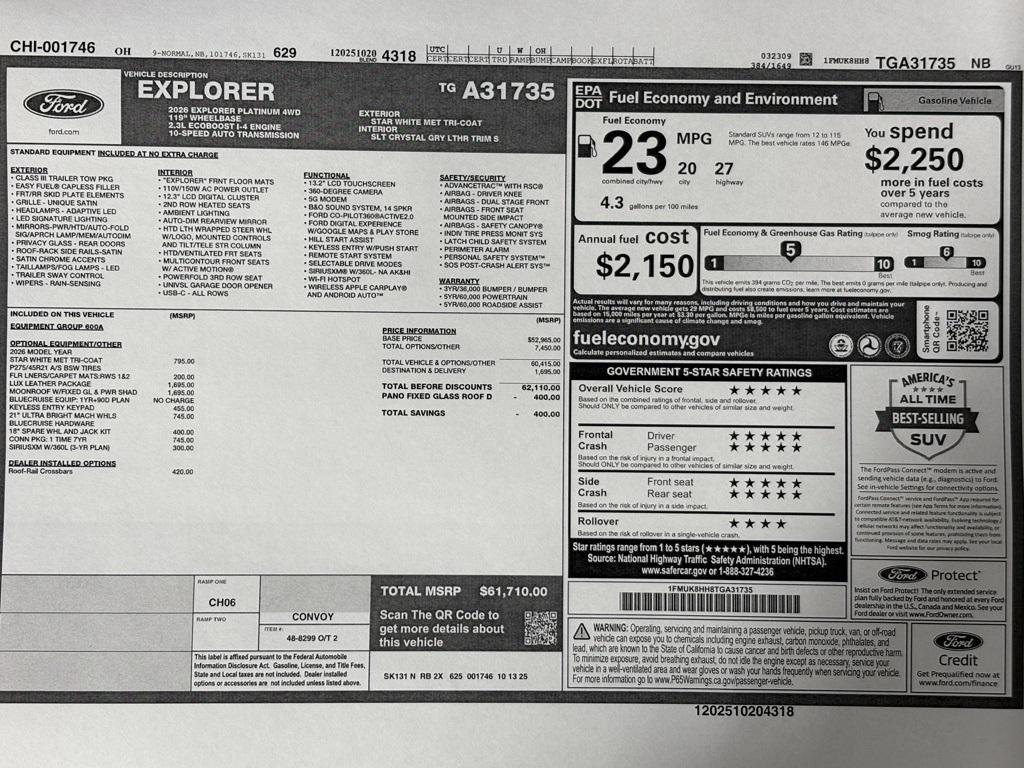 new 2026 Ford Explorer car, priced at $61,710