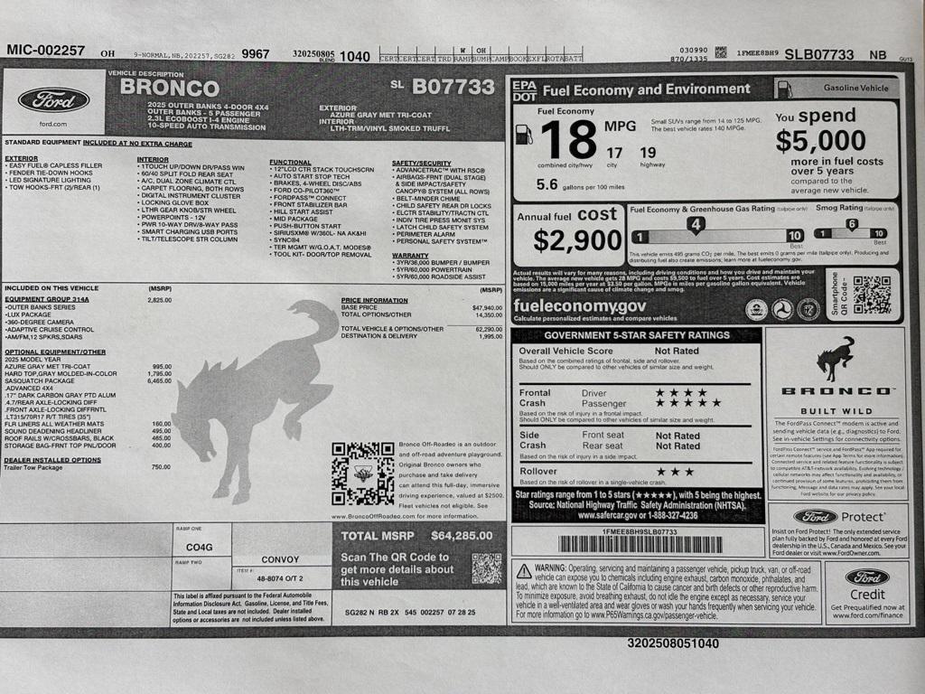 new 2025 Ford Bronco car, priced at $64,285