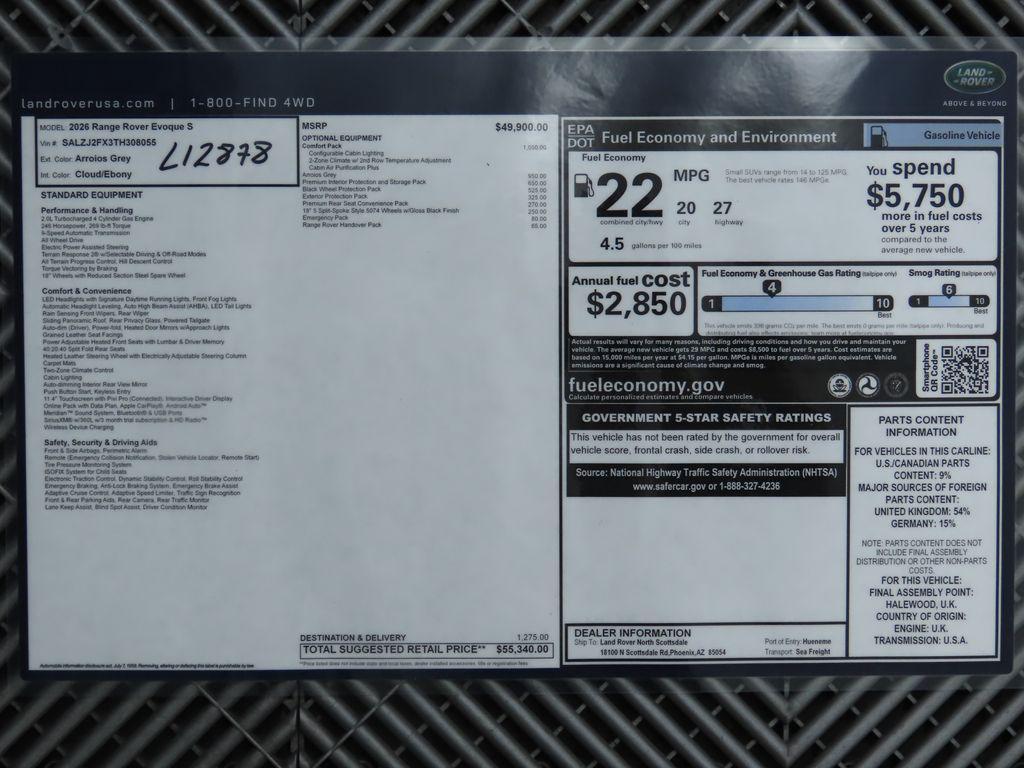 new 2026 Land Rover Range Rover Evoque car, priced at $55,340