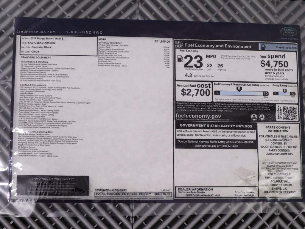 new 2026 Land Rover Range Rover Velar car, priced at $68,015